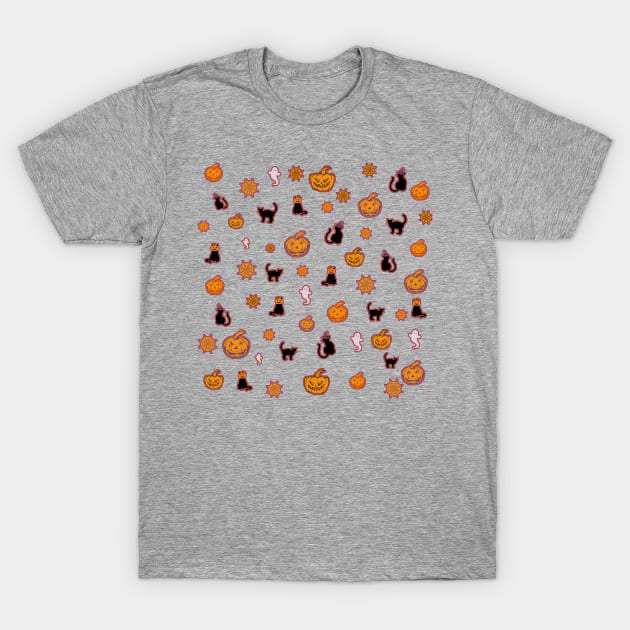 Spooky Halloween Black Cat Pattern T-Shirt by Designs_by_KC